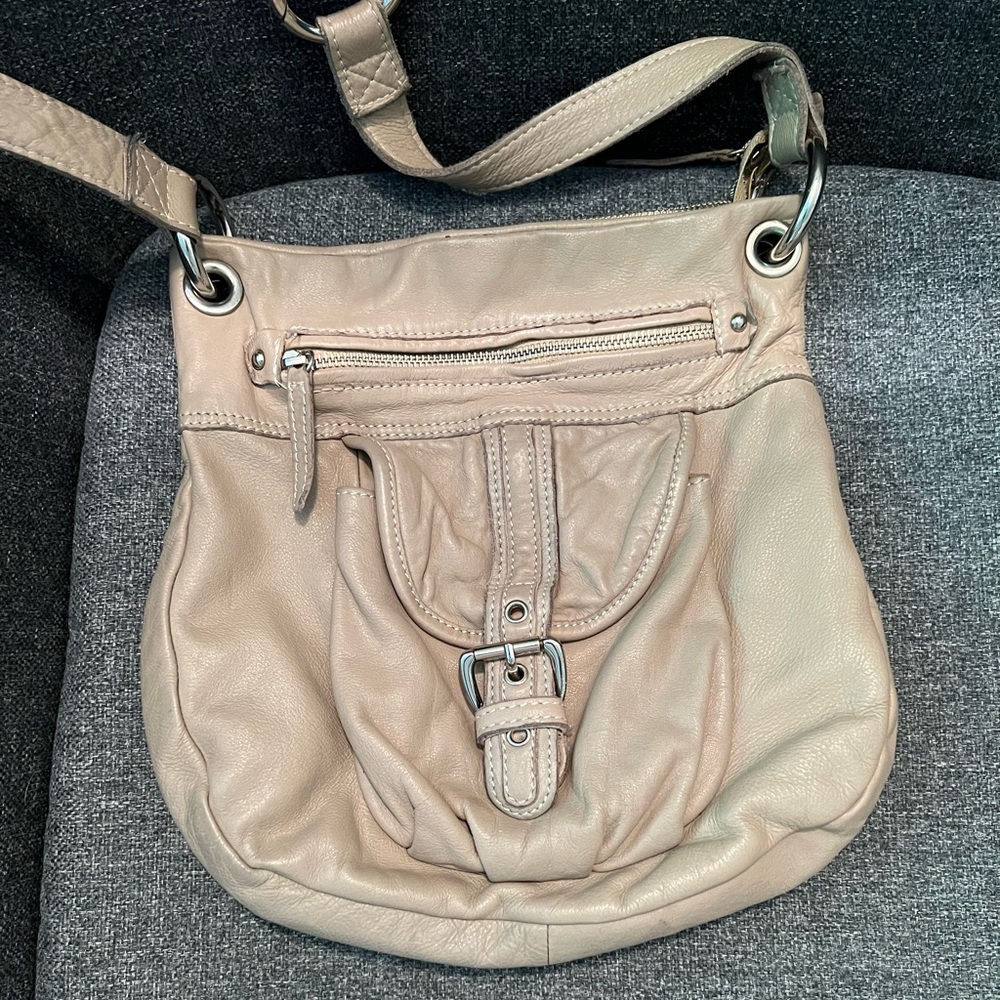 Tano brand crossbody taupe leather purse.
